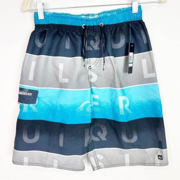 QUIKSILVER BLUE GRAY BLACK LOGO CARGO POCKET SWIM BEACH BOARD SHORTS YOUTH LARGE - Picture 1 of 5